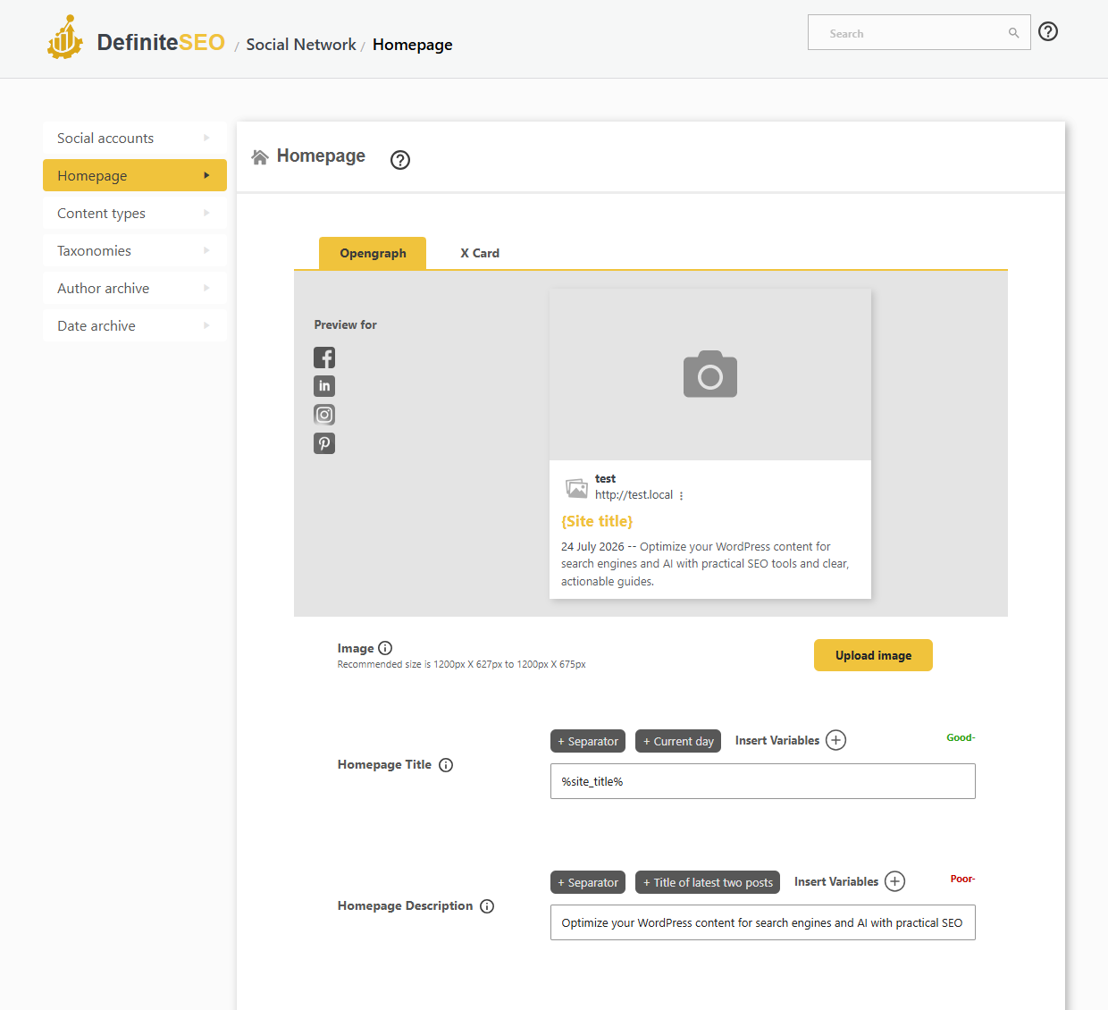 DefiniteSEO Open Graph social sharing settings