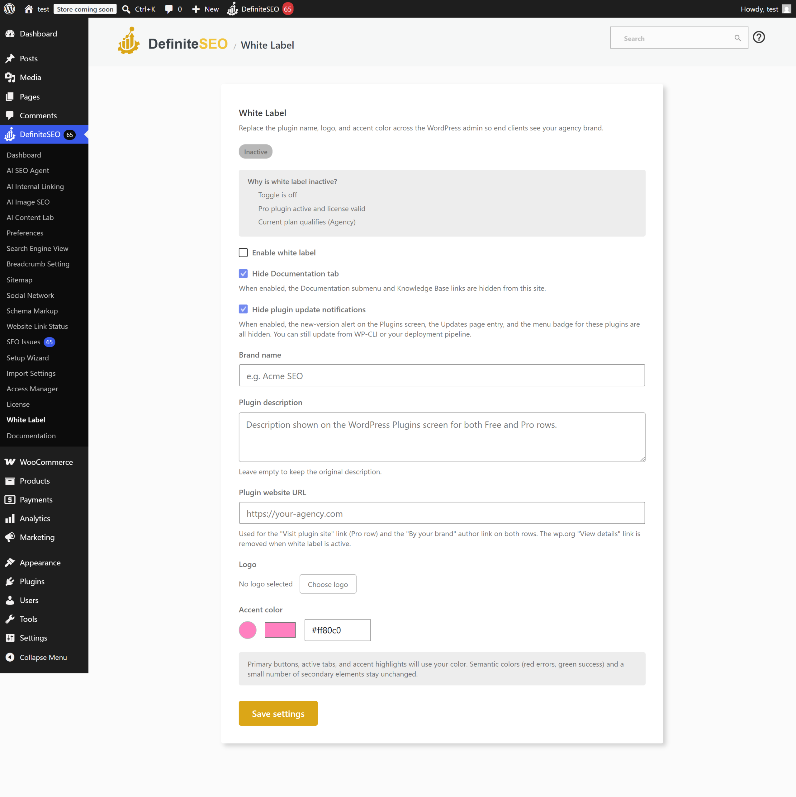 The White Label settings with brand name, logo, and accent color