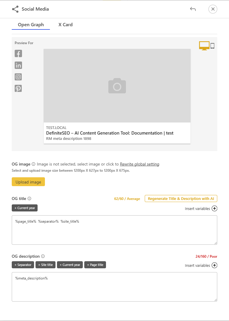 DefiniteSEO regenerate Open Graph and X card with AI in the editor
