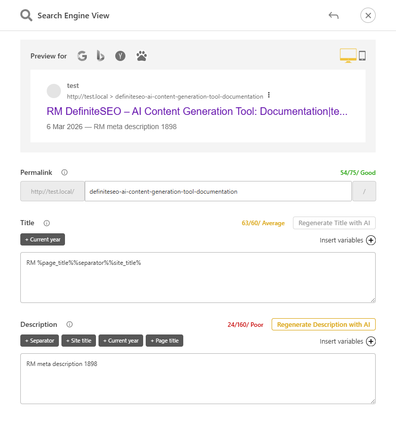 DefiniteSEO regenerate title and description with AI in the editor