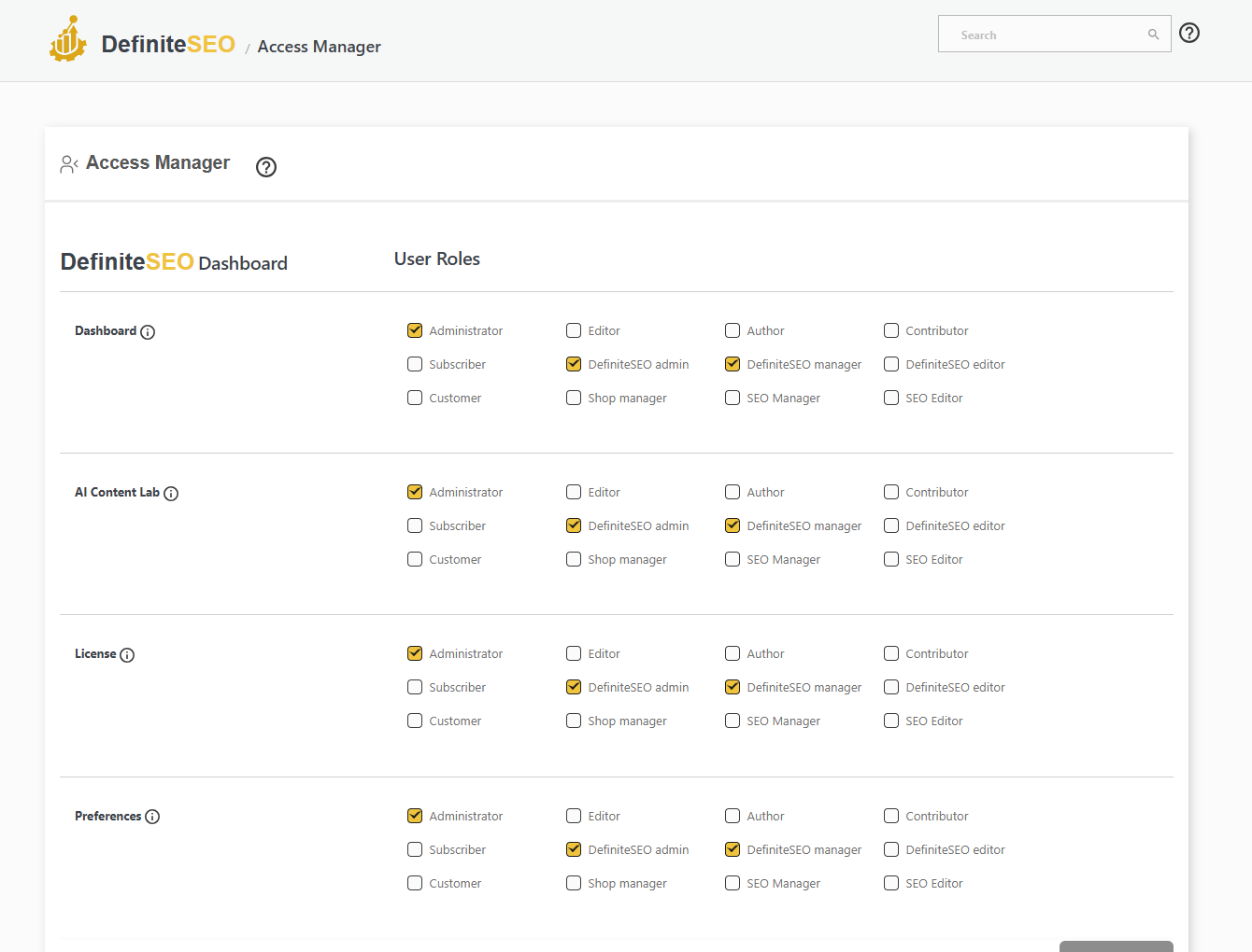 DefiniteSEO Access Manager role permissions