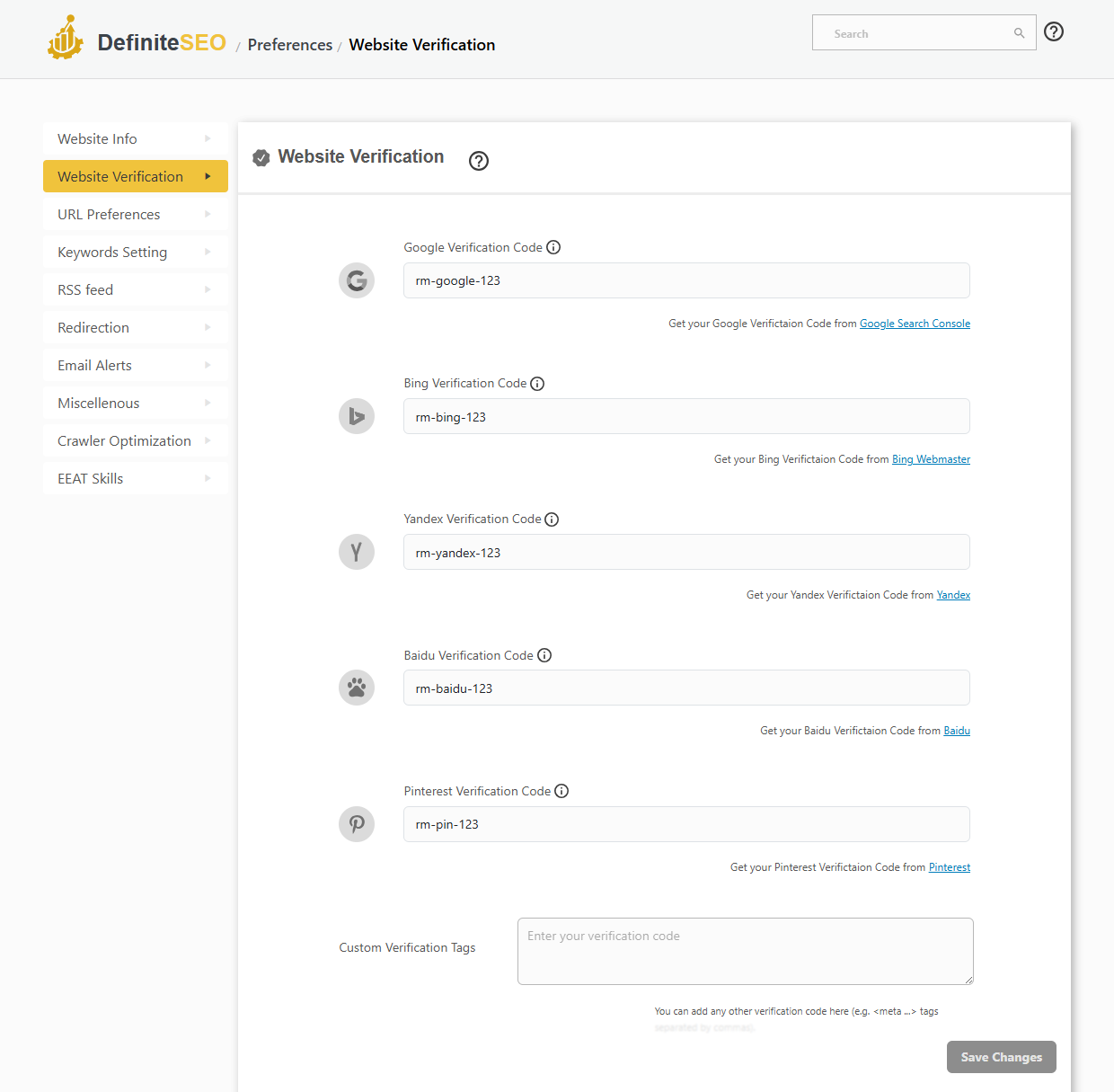 DefiniteSEO website verification settings for Google, Bing, Yandex, Baidu and Pinterest
