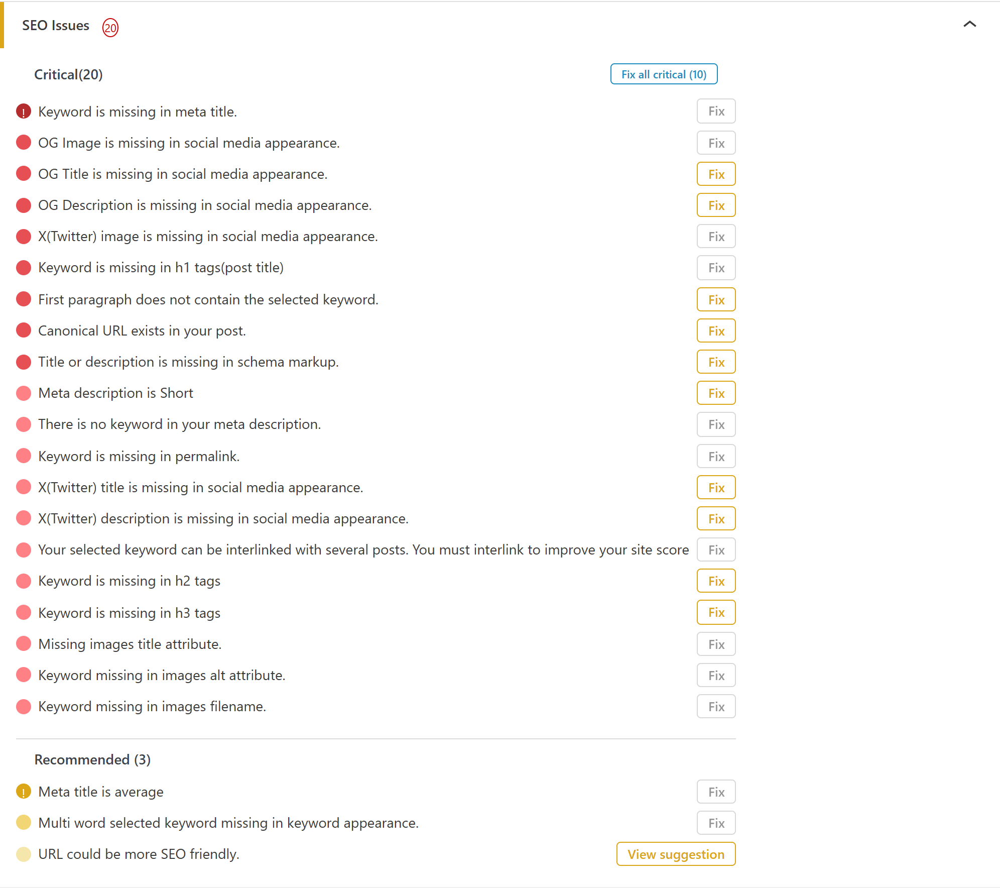 DefiniteSEO SEO analysis report listing critical and recommended checks with one-click fixes