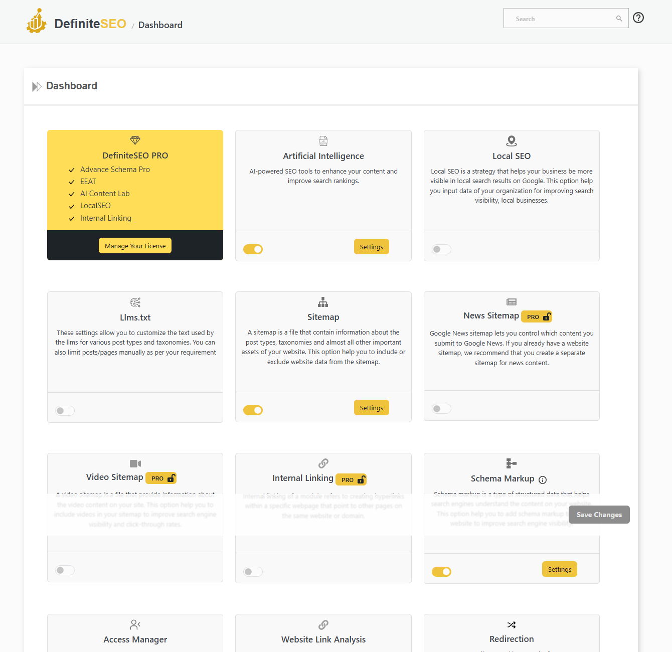 DefiniteSEO dashboard module toggle cards