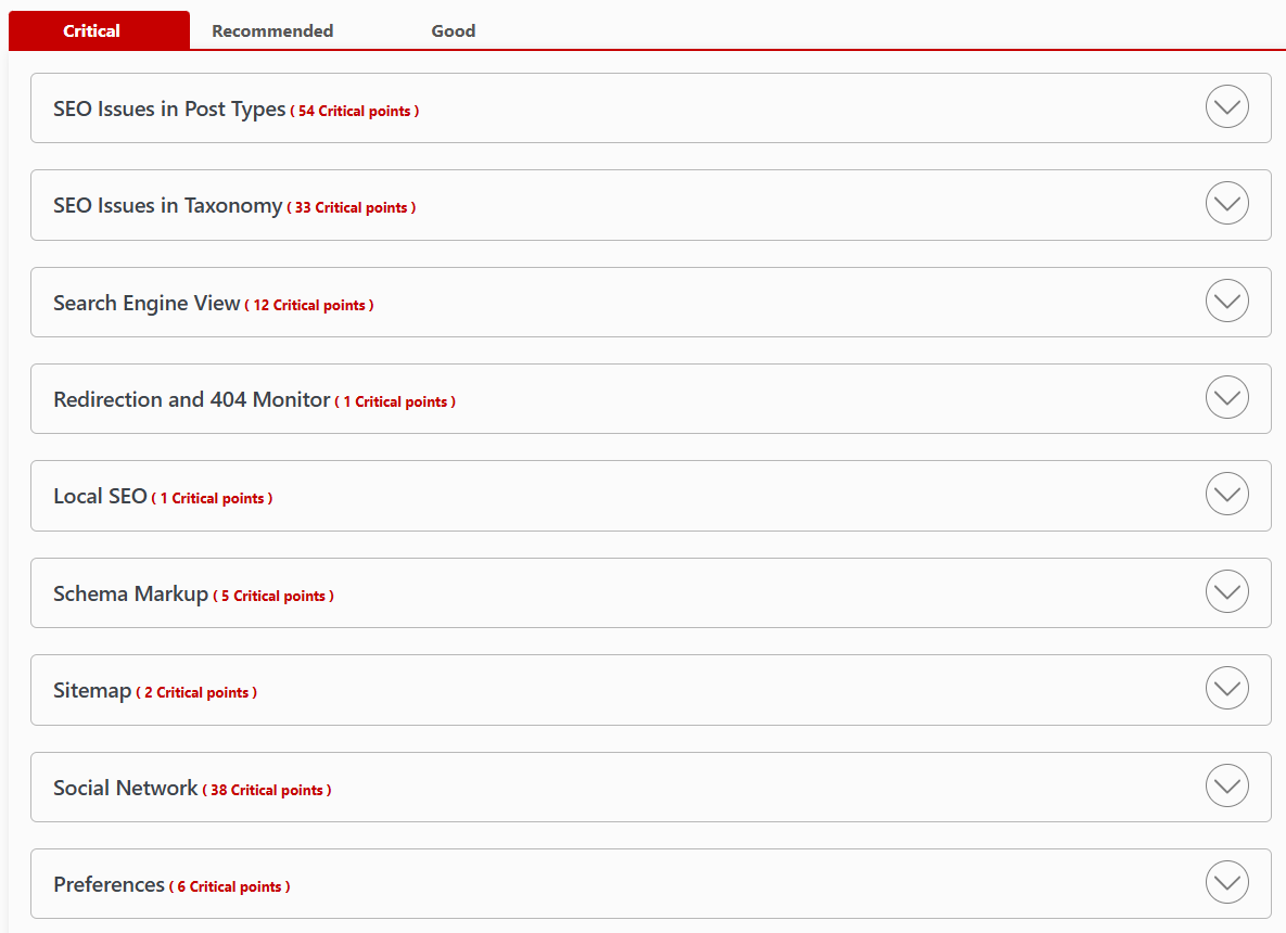 DefiniteSEO SEO issues list grouped by category with critical point counts