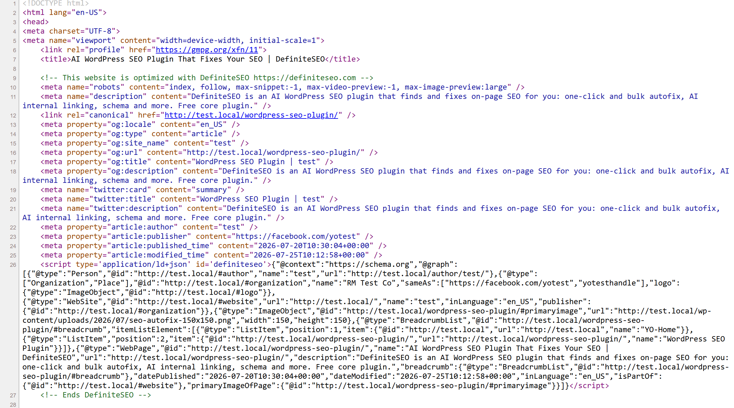 DefiniteSEO generated meta tags in the page source: robots, canonical, Open Graph, Twitter cards, article meta and JSON-LD schema