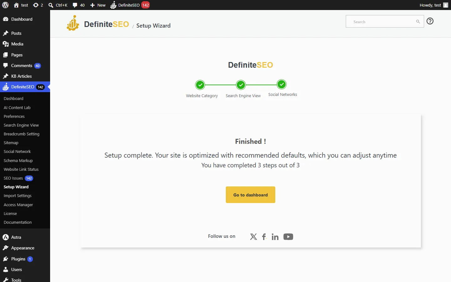 The DefiniteSEO Setup Wizard Finished screen with all three steps green, a setup-complete message, a steps-completed counter, and a Go to dashboard button