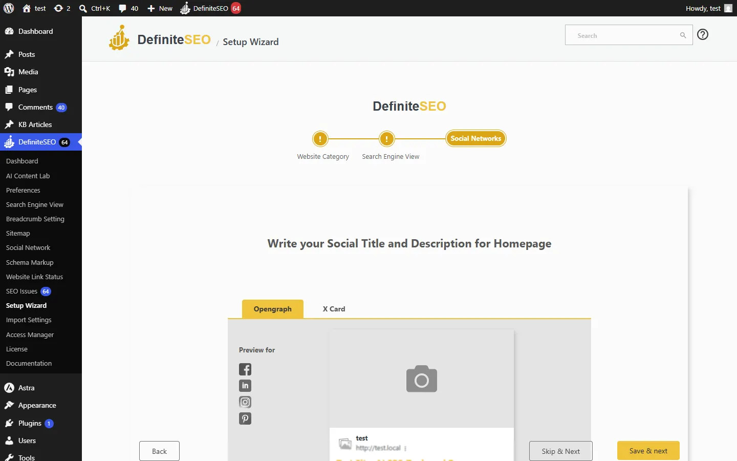 DefiniteSEO Setup Wizard step 3, setting the homepage Open Graph and X Card social preview with per-network image and text