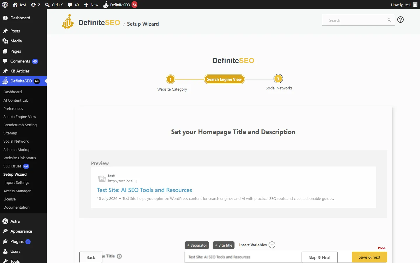 DefiniteSEO Setup Wizard step 2 with editable homepage title and meta description fields, a live Google preview, and variable inserts