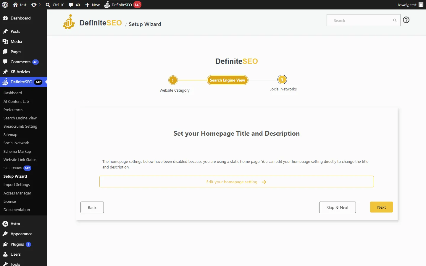 DefiniteSEO Setup Wizard step 2 when the homepage is a static page, with the fields disabled and an Edit your homepage setting button