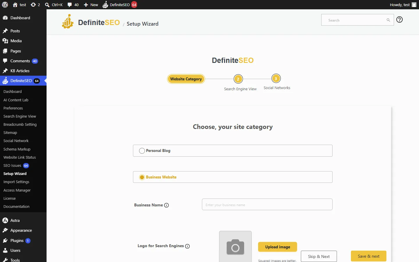 DefiniteSEO Setup Wizard step 1, choosing a site category between Personal Blog and Business Website with a business name and logo field