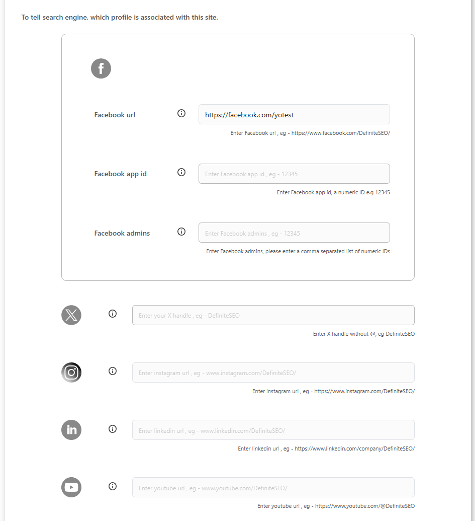 DefiniteSEO social profile accounts for Facebook, X, Instagram, LinkedIn and YouTube