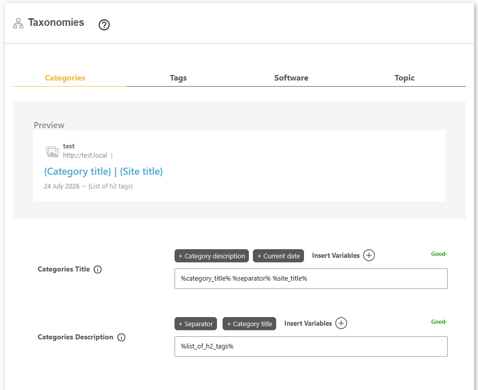 DefiniteSEO taxonomy SEO title and description settings