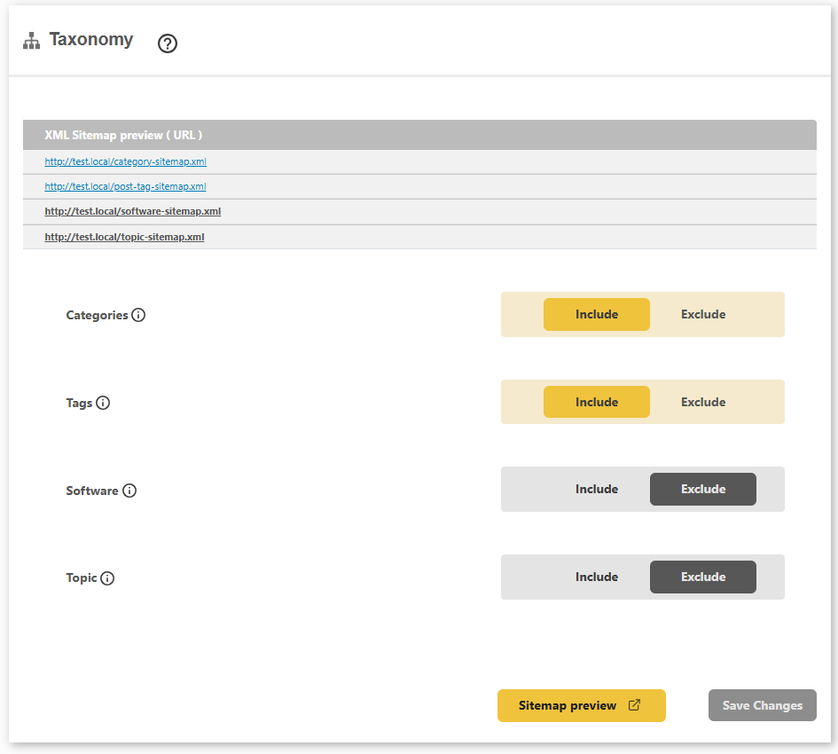 DefiniteSEO taxonomy sitemap include and exclude settings