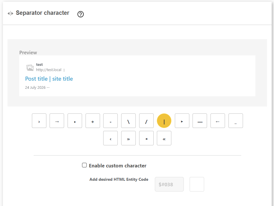 DefiniteSEO title separator character settings