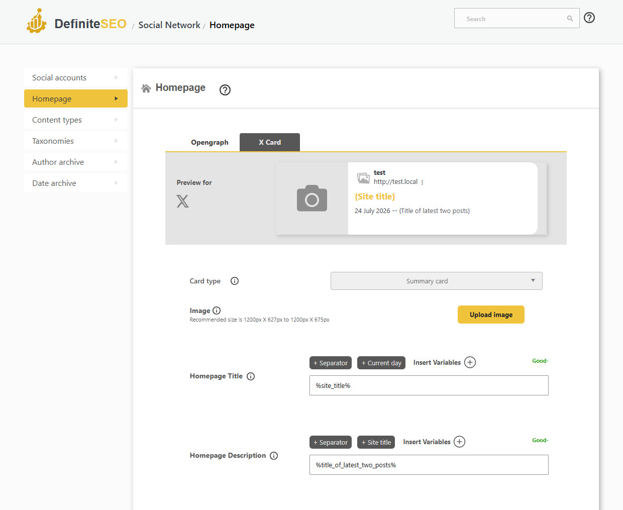 DefiniteSEO X Twitter Card settings