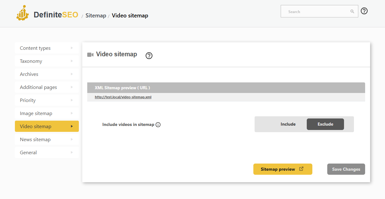 DefiniteSEO video sitemap settings