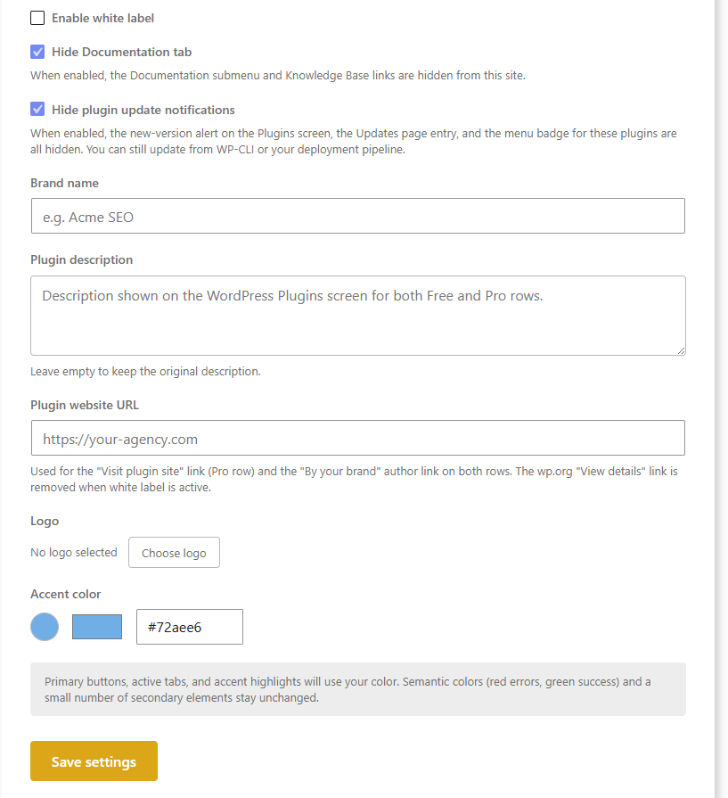 DefiniteSEO white label branding settings