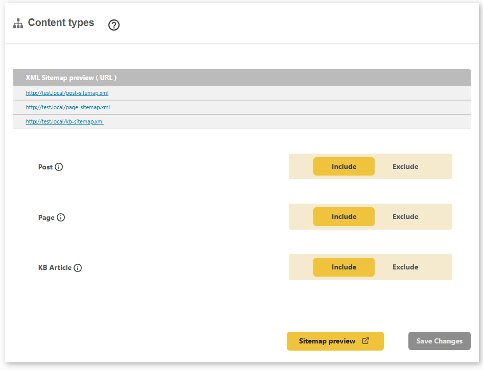 DefiniteSEO XML sitemap content type include and exclude settings