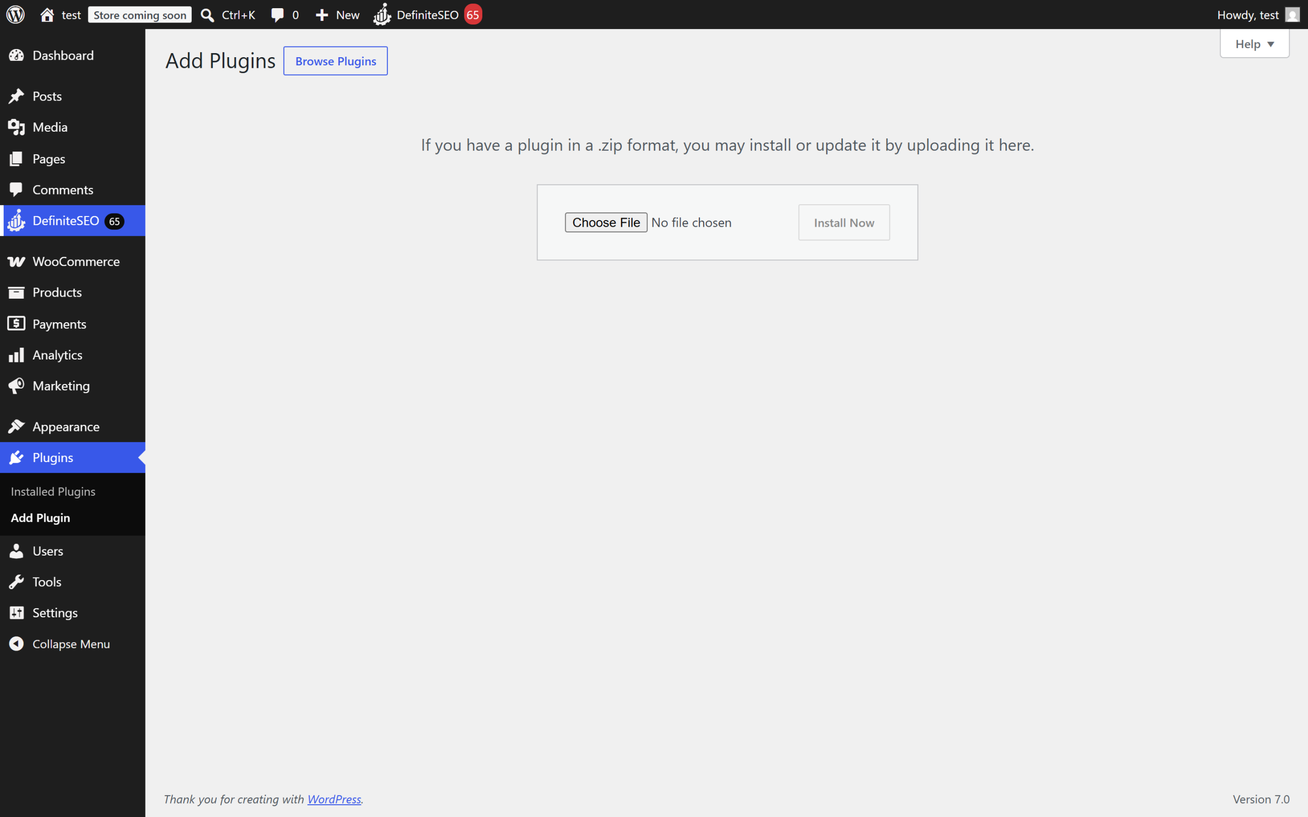 Uploading the DefiniteSEO Pro plugin ZIP on the WordPress Add Plugins screen