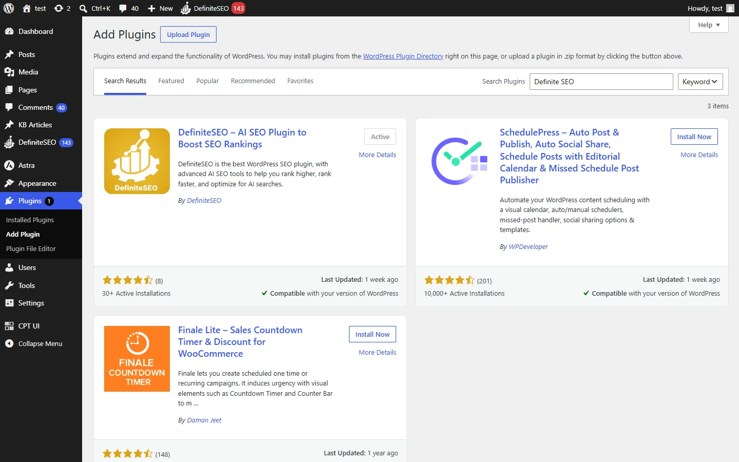 Searching for DefiniteSEO in the WordPress plugin directory, with the DefiniteSEO plugin as the first result