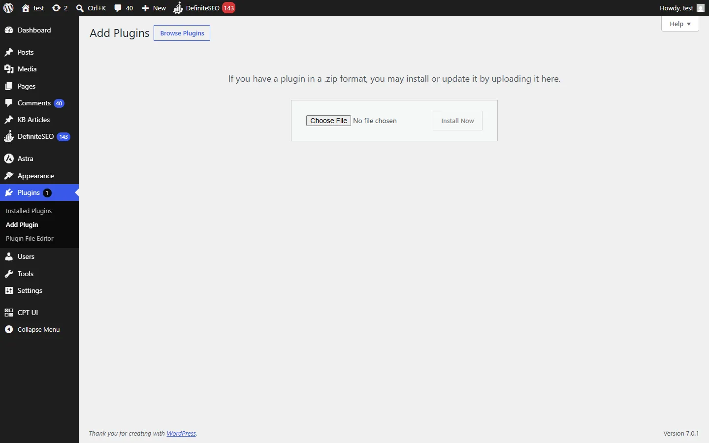 Uploading the DefiniteSEO plugin ZIP file from the Add Plugins screen in WordPress