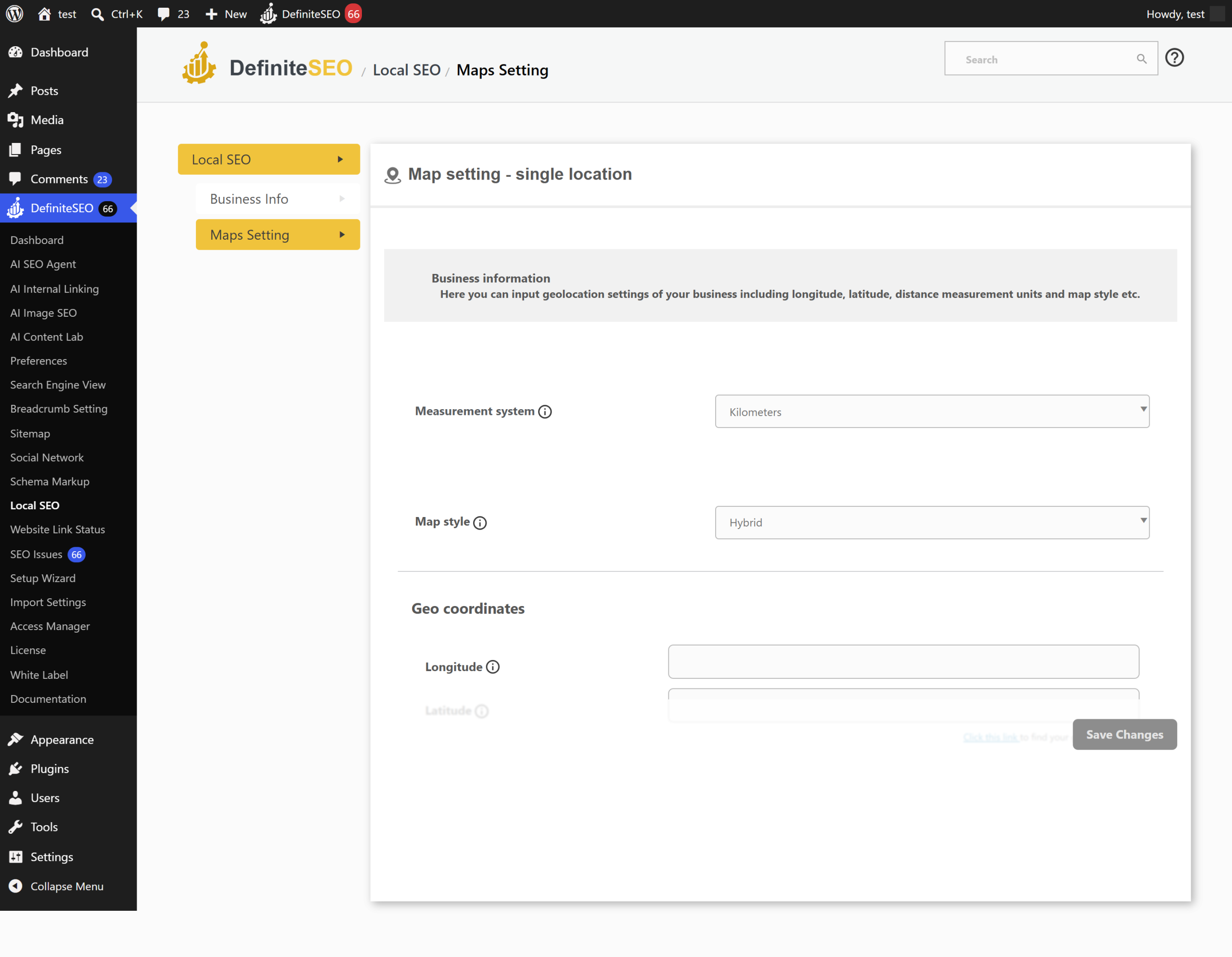 The local SEO map and geo-coordinate settings in DefiniteSEO Pro