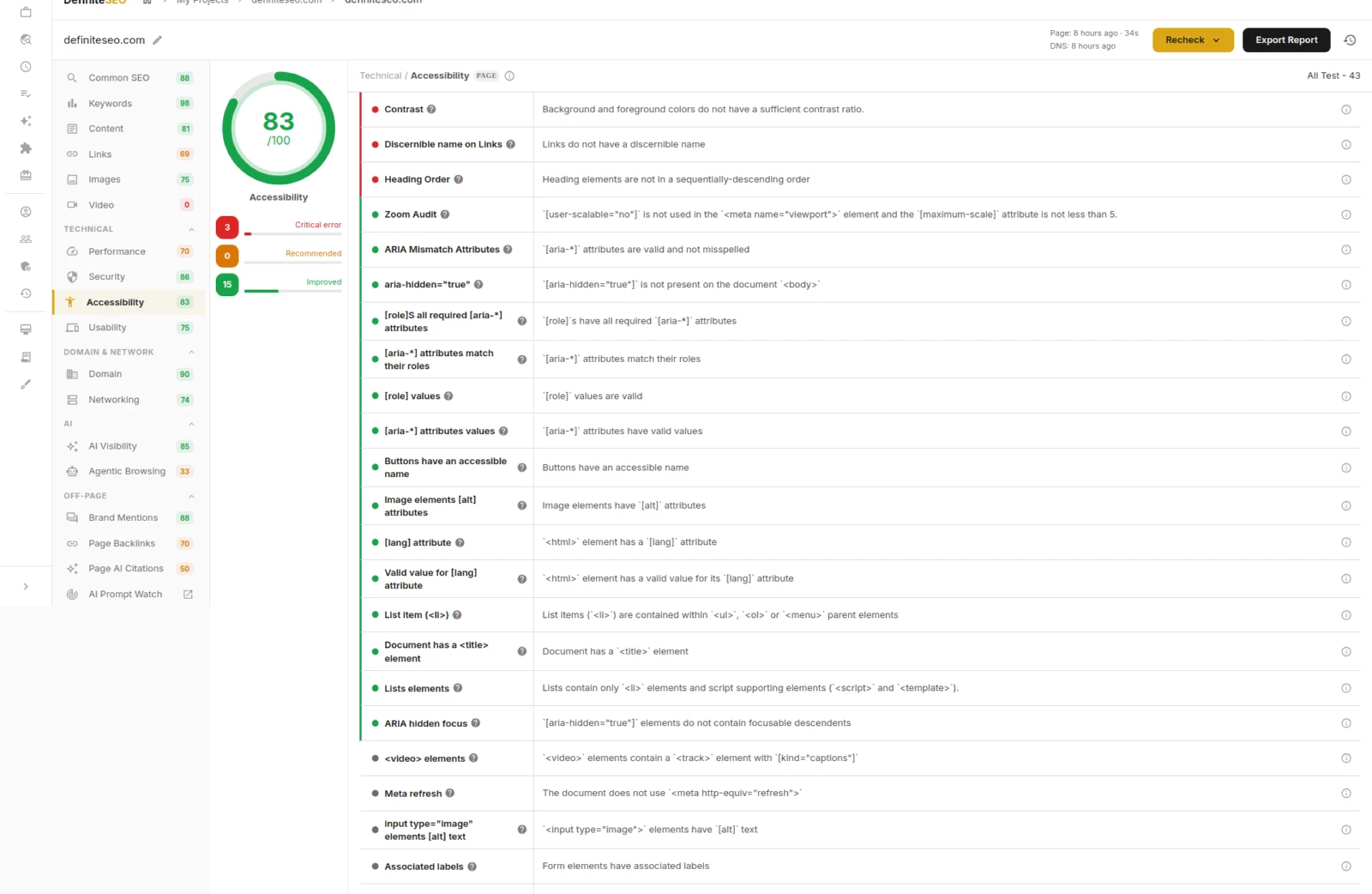 Accessibility checks for contrast and headings