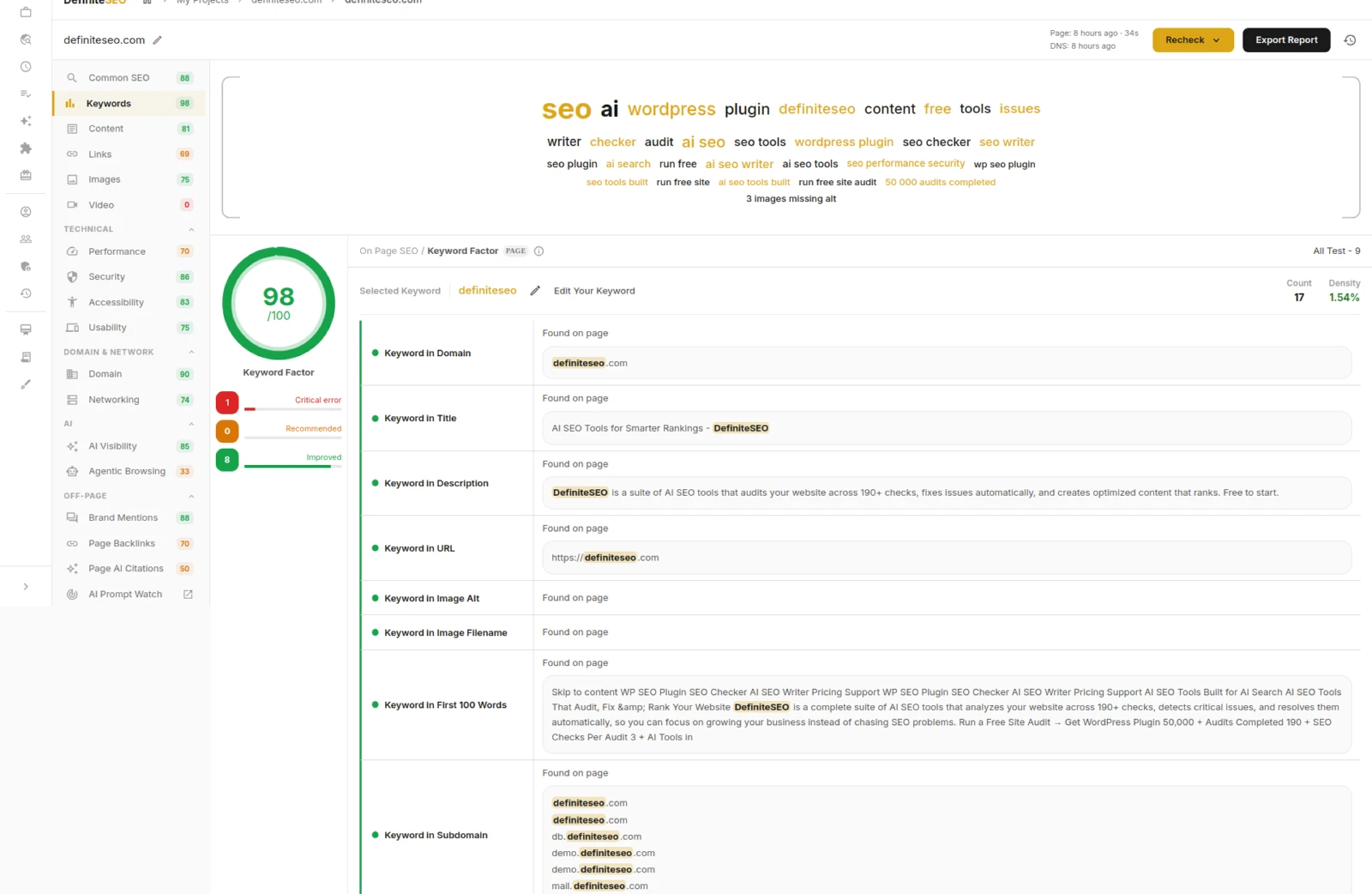 DefiniteSEO SEO Checker keyword analysis with score ring and keyword cloud