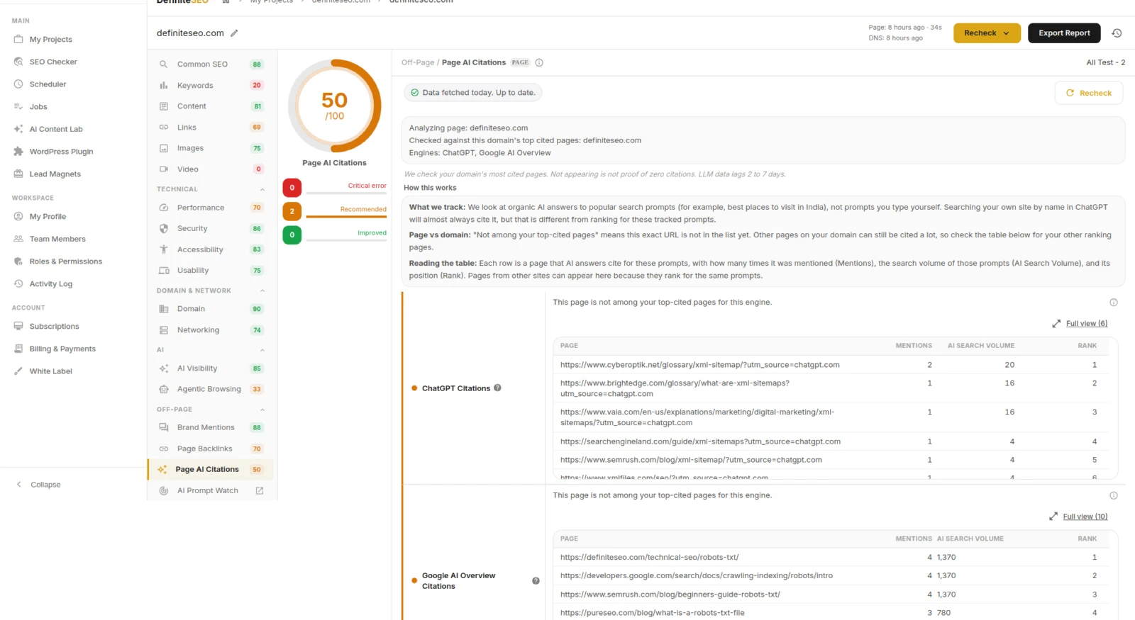 Page AI Citations report in the DefiniteSEO SEO Checker showing ChatGPT and Google AI Overview citation tables