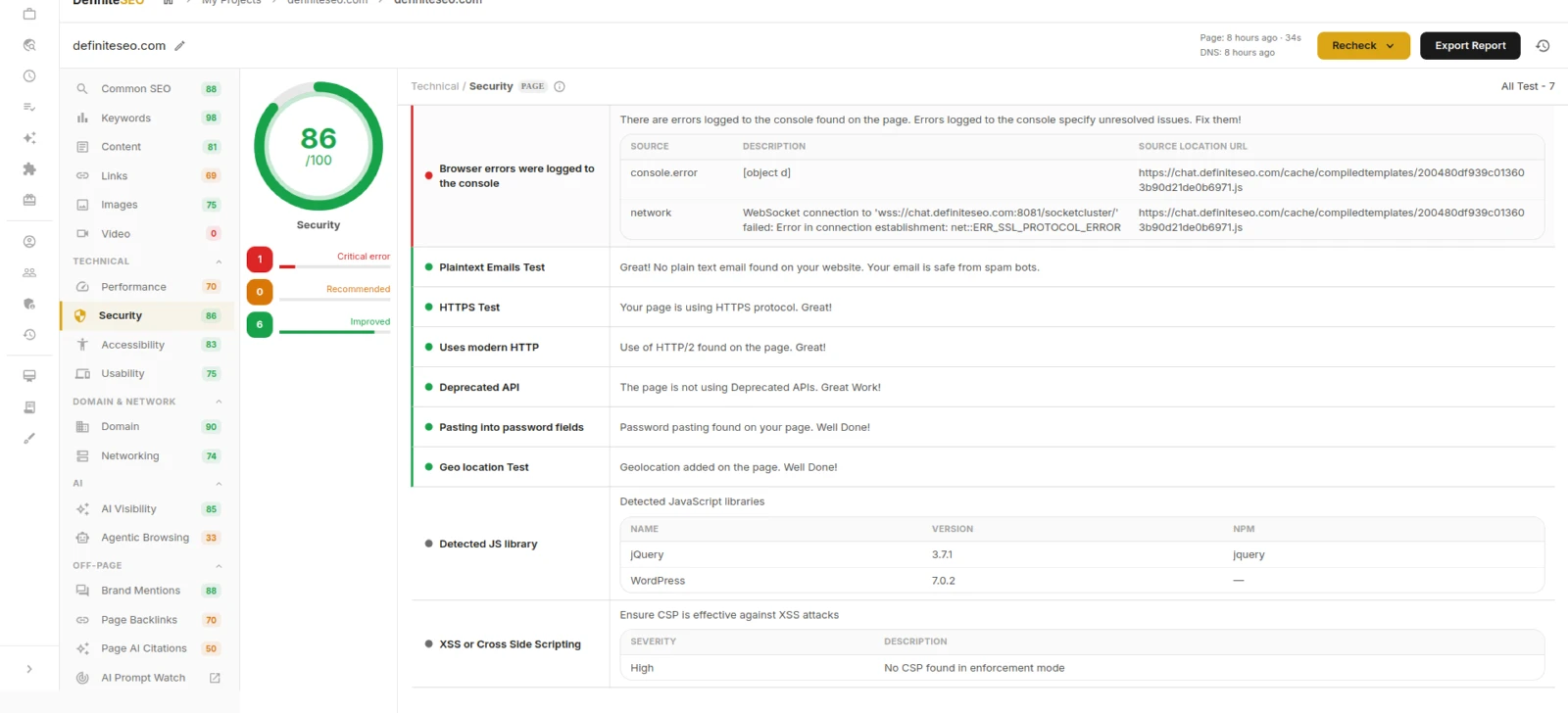Security checks including HTTPS and console errors