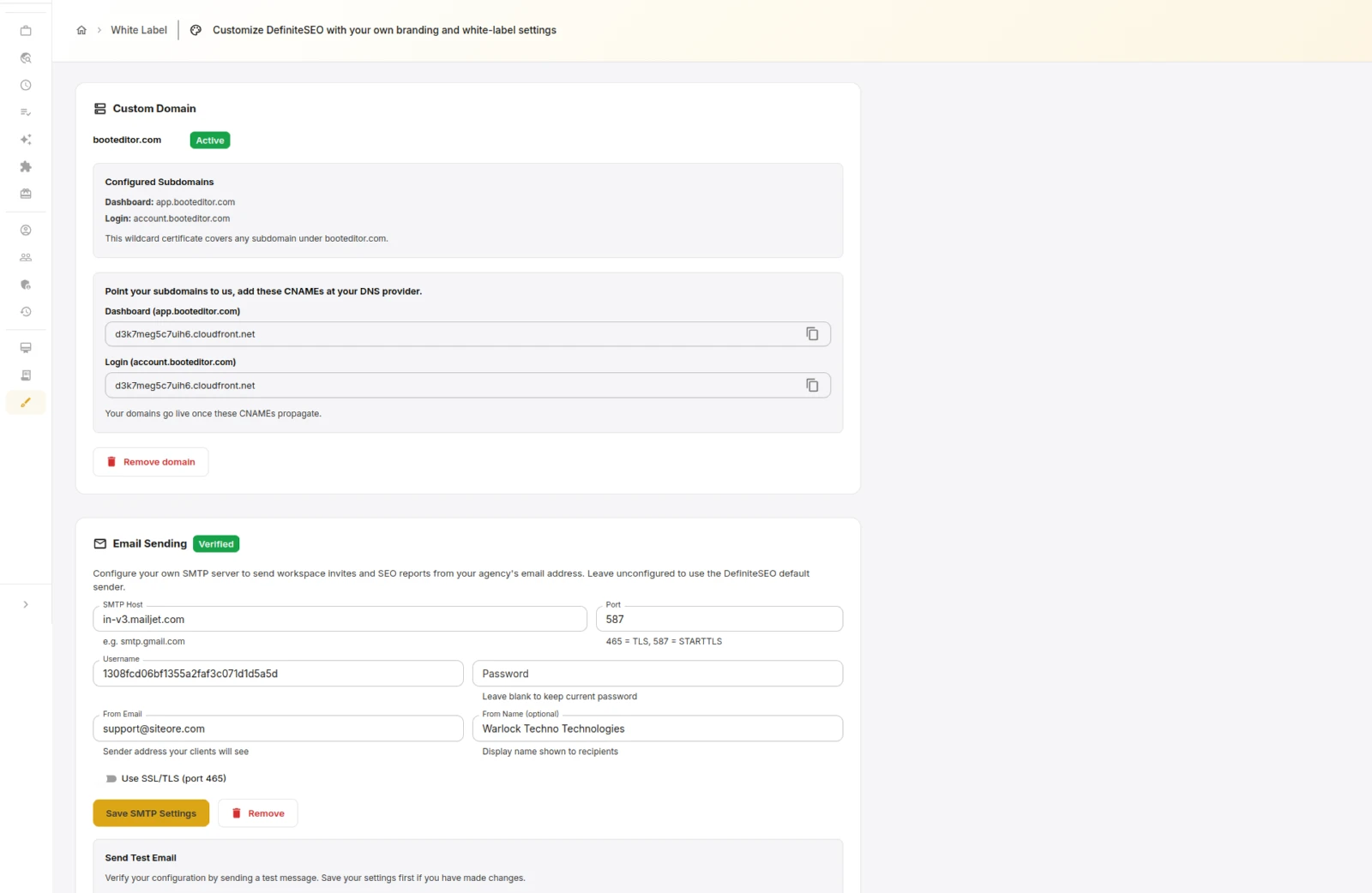 DefiniteSEO white-label settings with custom logo, company name and domain